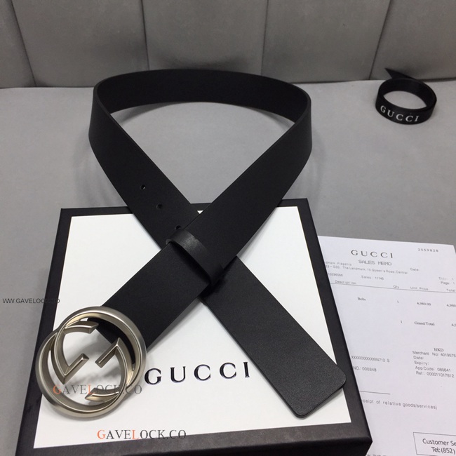 Gucci Leather Men's Belt Palladium Interlocking GG Buckle